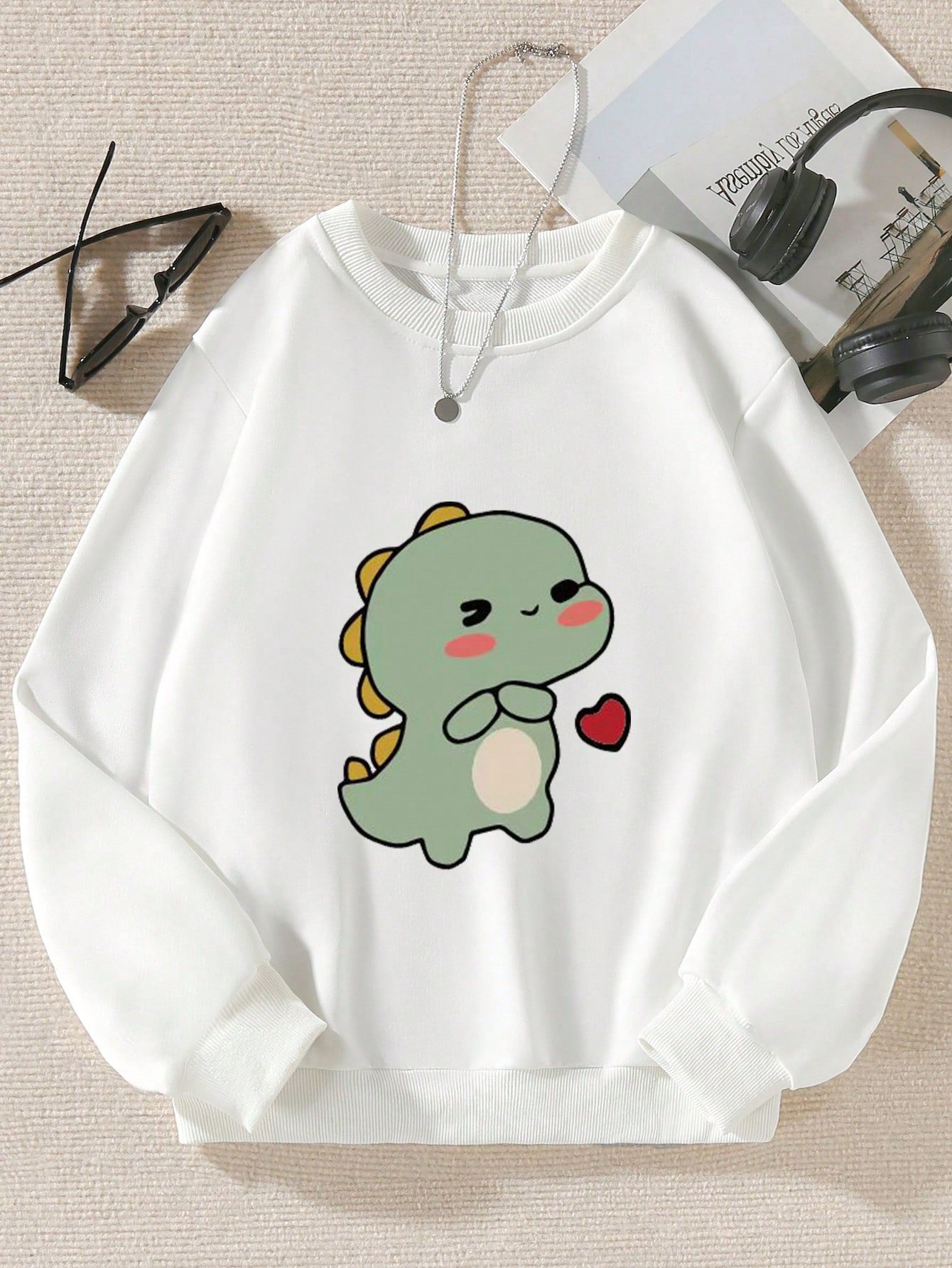 Tween Girl Casual Round Neck Pullover Fleece Sweatshirt With Simple Dinosaur Design, Fall/Winter