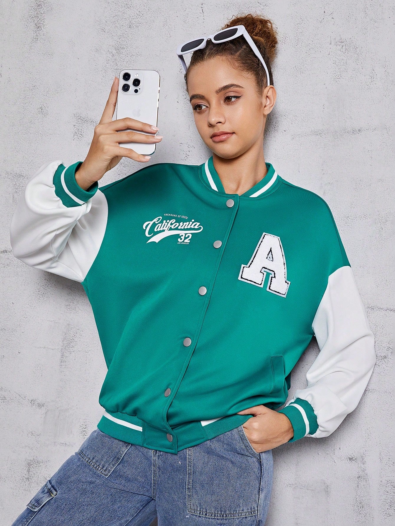 Teen Girl Letter Graphic Two Tone Drop Shoulder Varsity Jacket