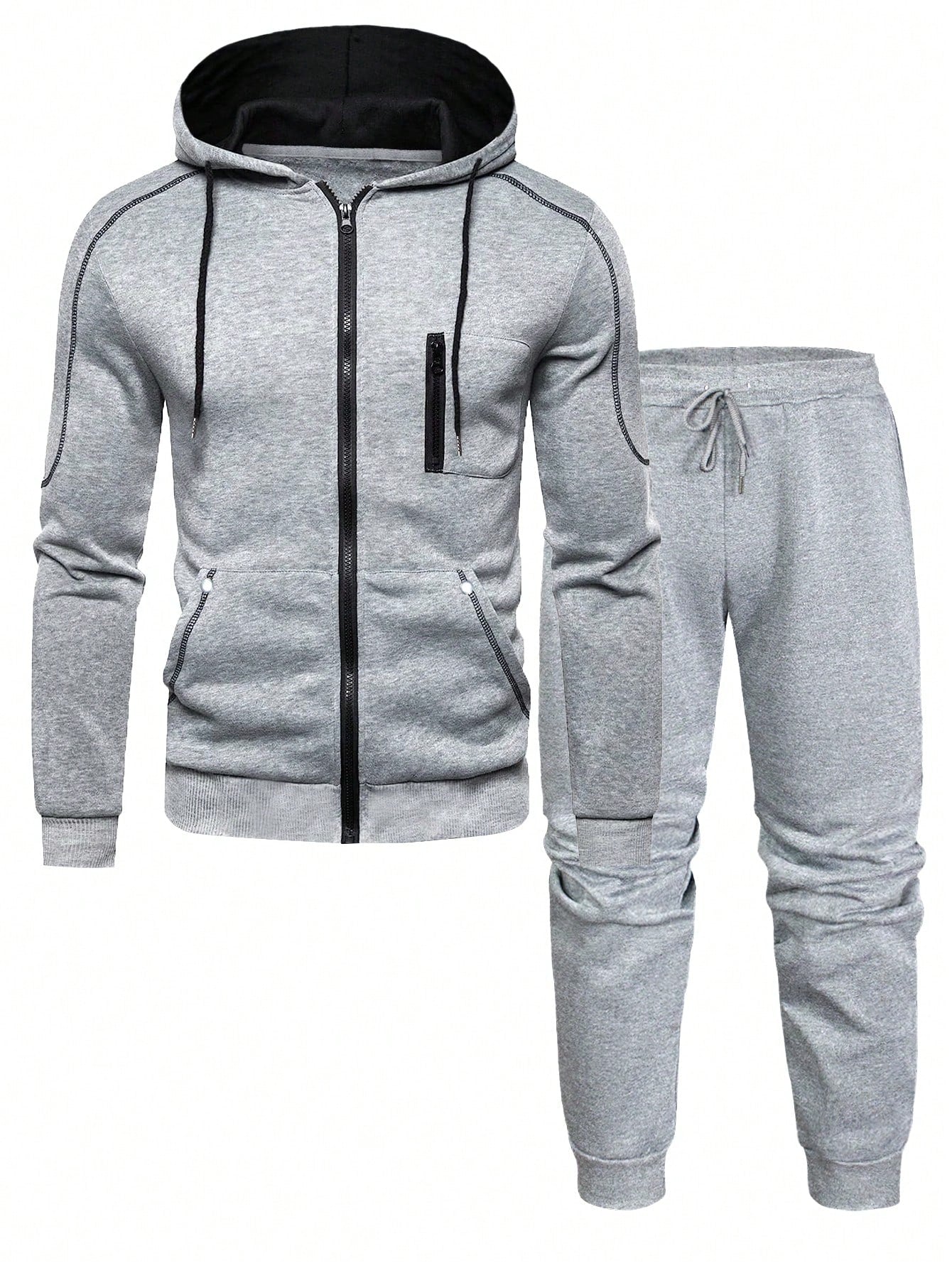 Men Zip Up Drawstring Hoodie & Sweatpants