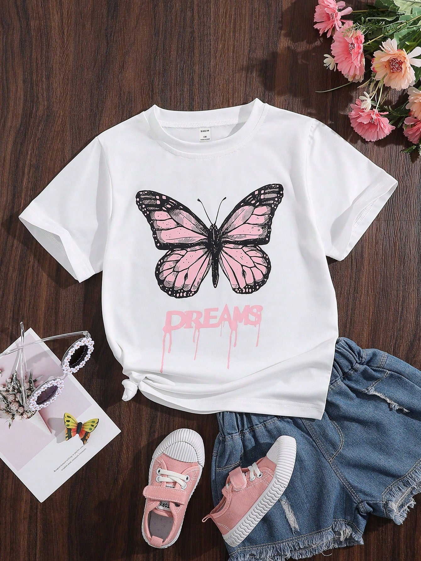 Tween Girl Letter & Butterfly Print Tee