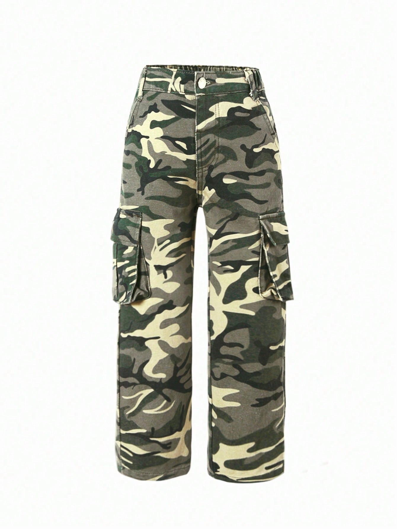 Young Girl Y2K Street Urban Camouflage Elastic Waist  Cargo Straight Jeans With Flat Pockets