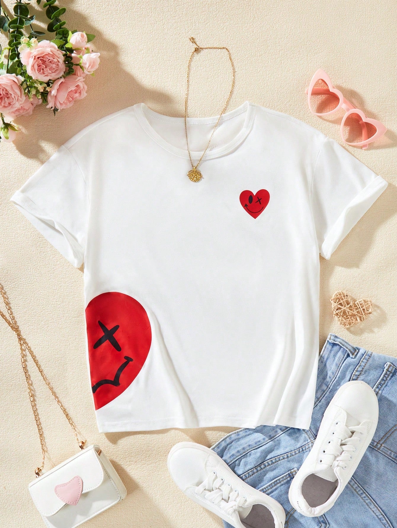 Tween Girl Double Heart Round Neck Short Sleeve T-Shirt, Fun Red Heart Printed Design, Casual & Versatile For Daily Wear