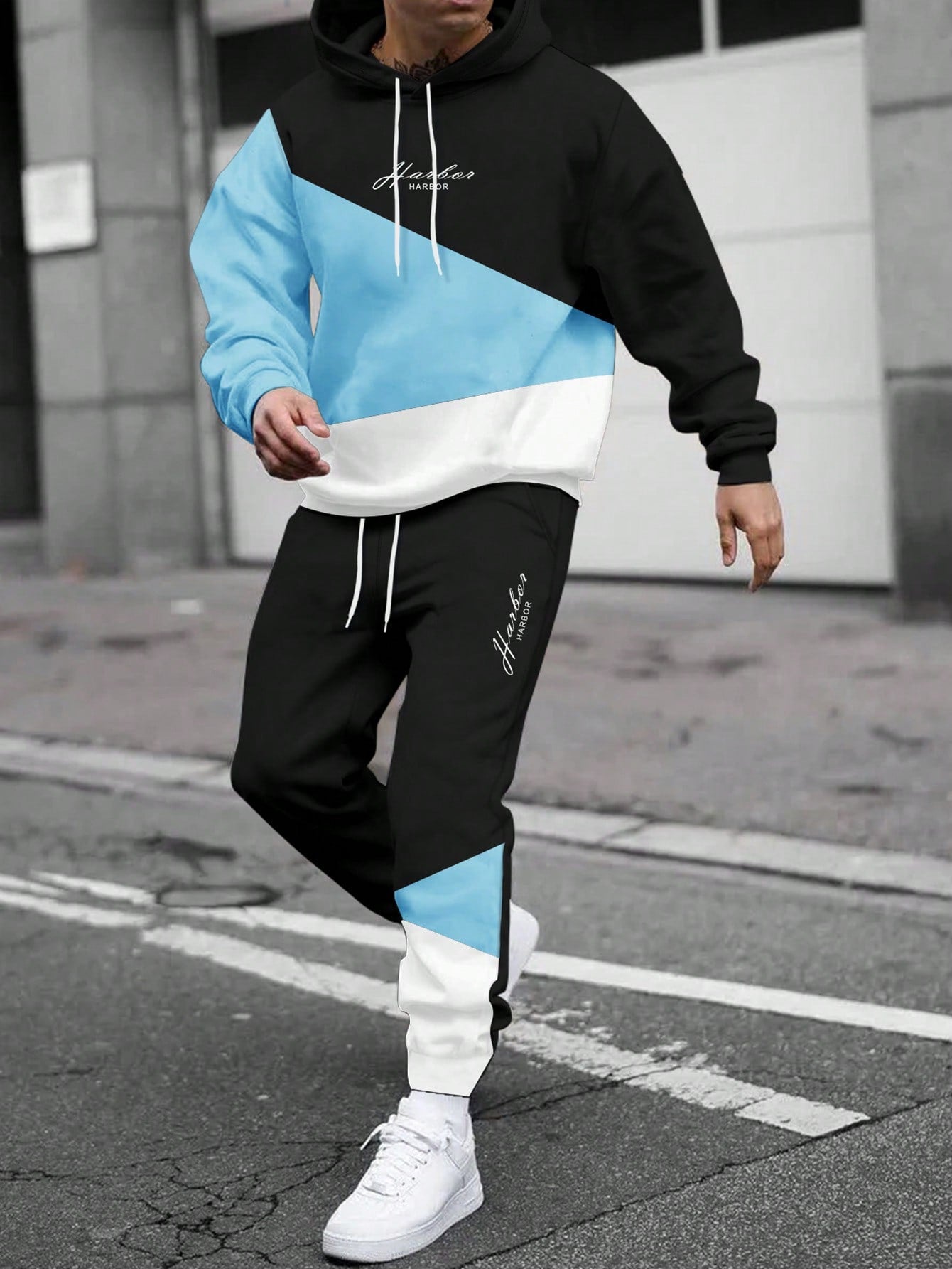 Men Letter Graphic Colorblock Drawstring Hoodie & Sweatpants