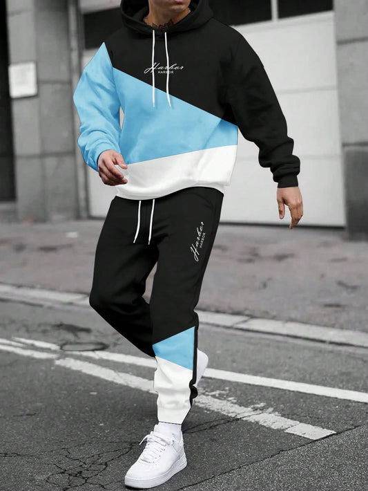 Men's Hooded Contrast Color Drawstring Sweatshirt And Jogger Pants Set