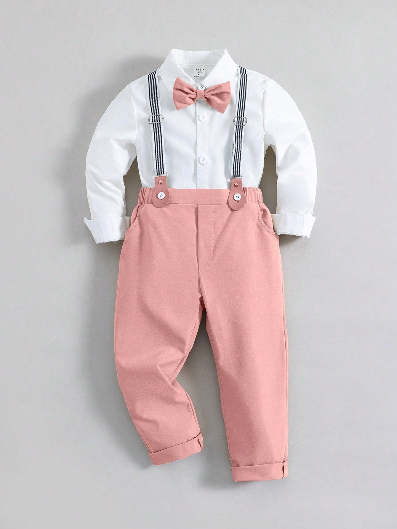 Young Boy Shirt With Bowtie And Suspender Pants Set, Gentleman Style