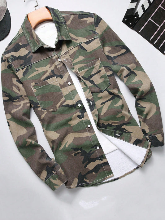 Men's Camouflage Printed Flap Pocket Denim Shirt