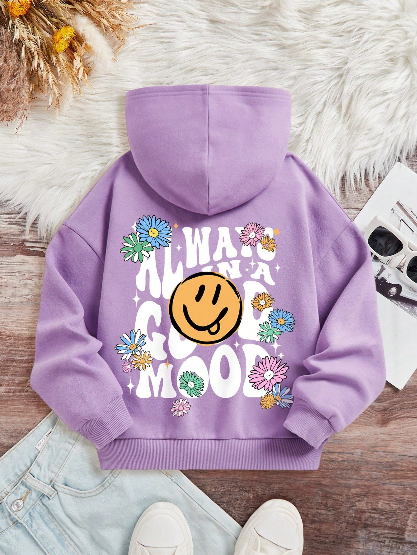 Tween Girl Cartoon & Slogan Graphic Thermal Lined Hoodie