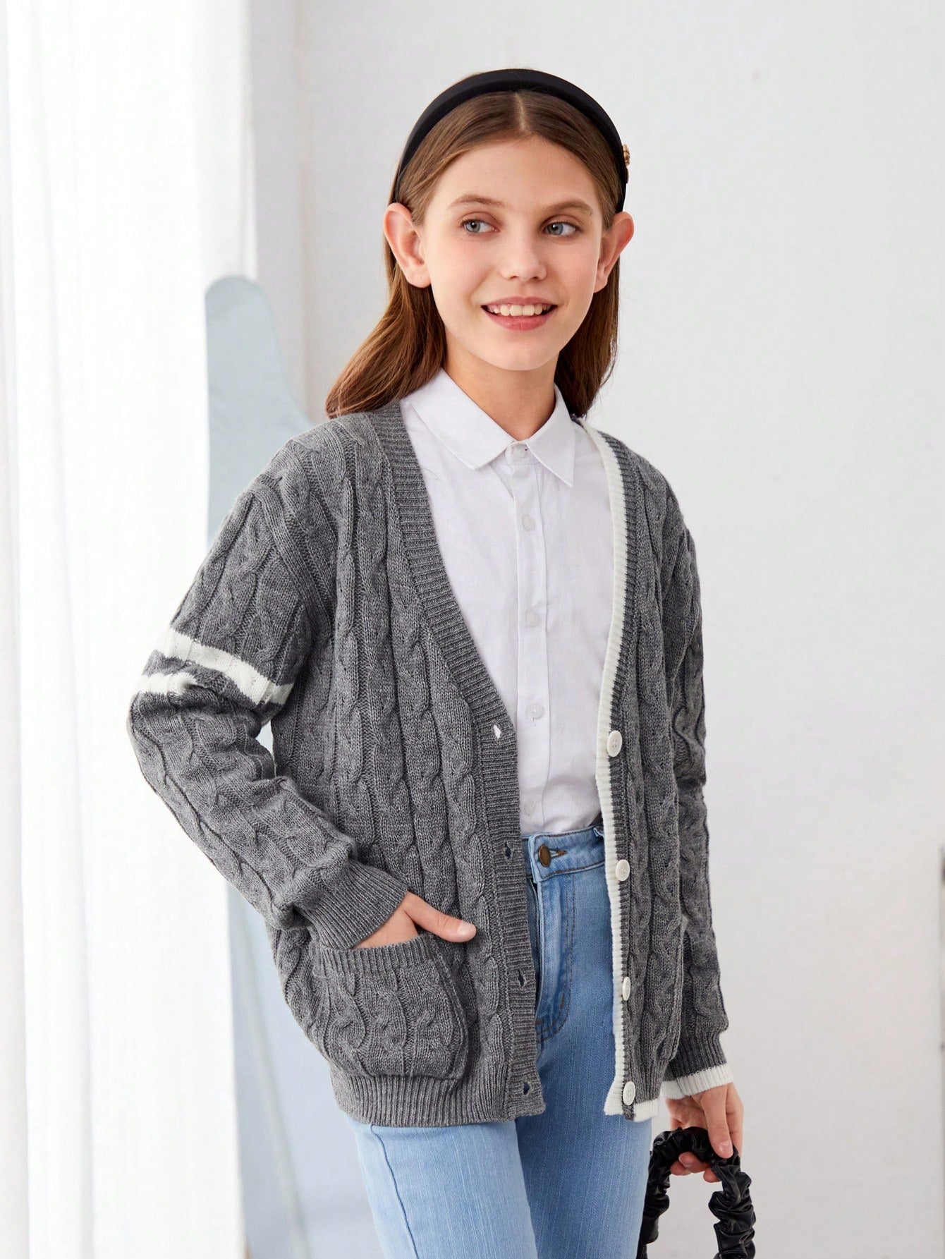 Girls' Loose Fit College Style Long Sleeve V-neck Cardigan Sweater