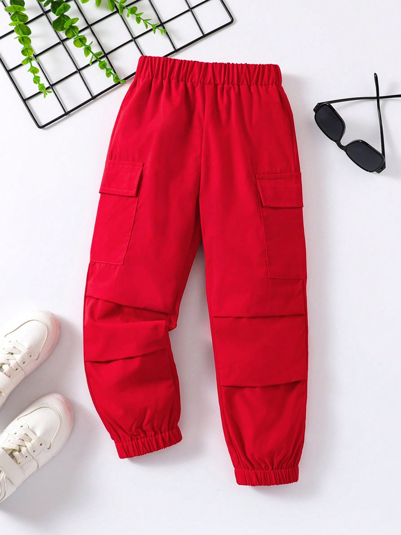 Young Girl Black Solid Color Fashionable Casual Workwear Pocket Detail Folded Hem Pants, Summer/autumn