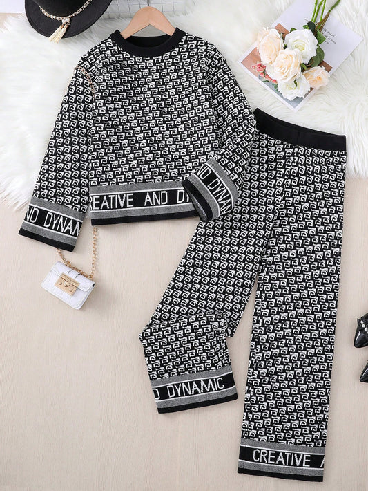 Tween Girl Fashionable Niche Alphabet Jacquard Design Suit