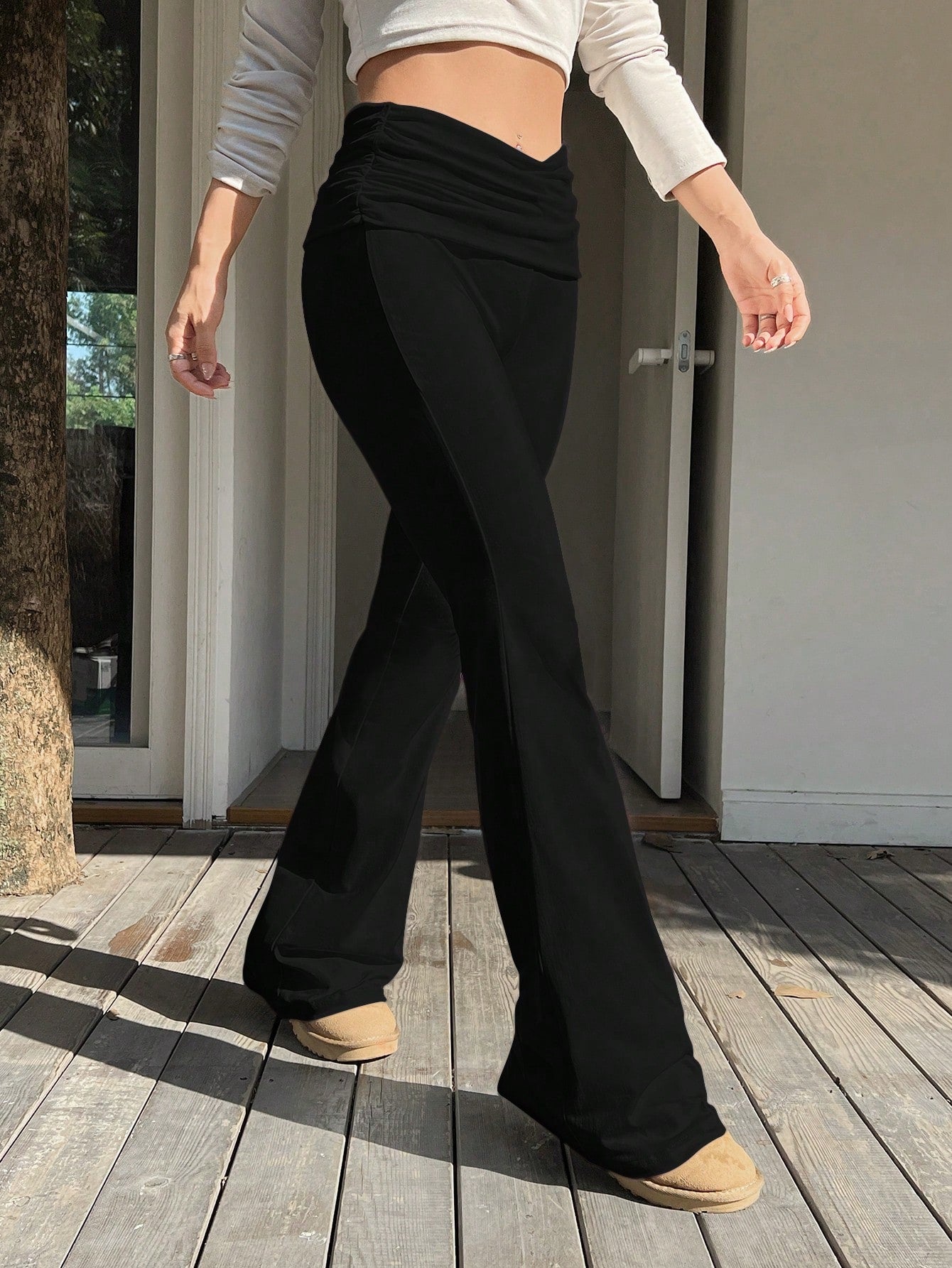 Spring White Y2k Solid Ruched Flare Leg Pants Flare Leggings