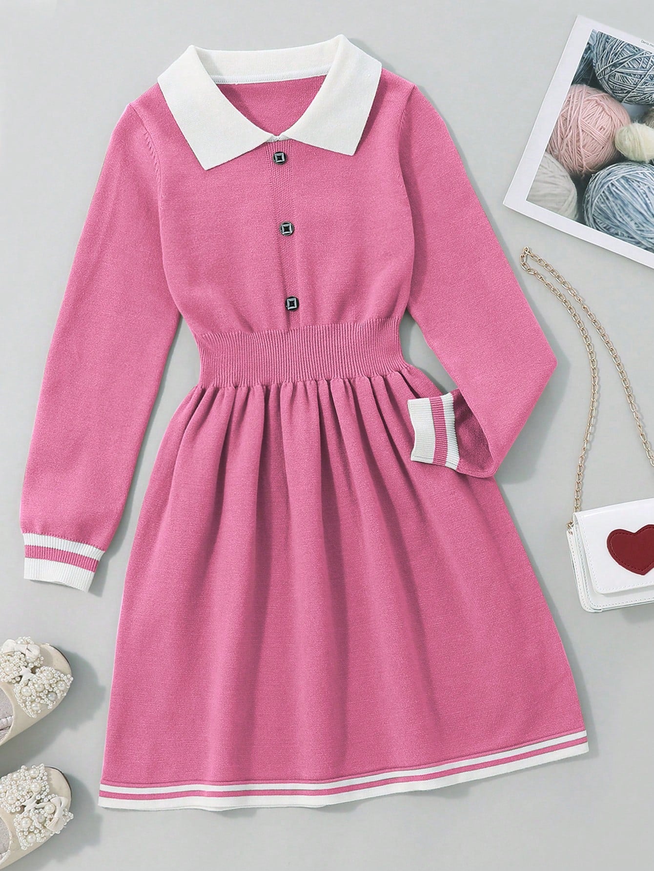 Tween Girl Single Breasted Contrast Trim Sweater Dress