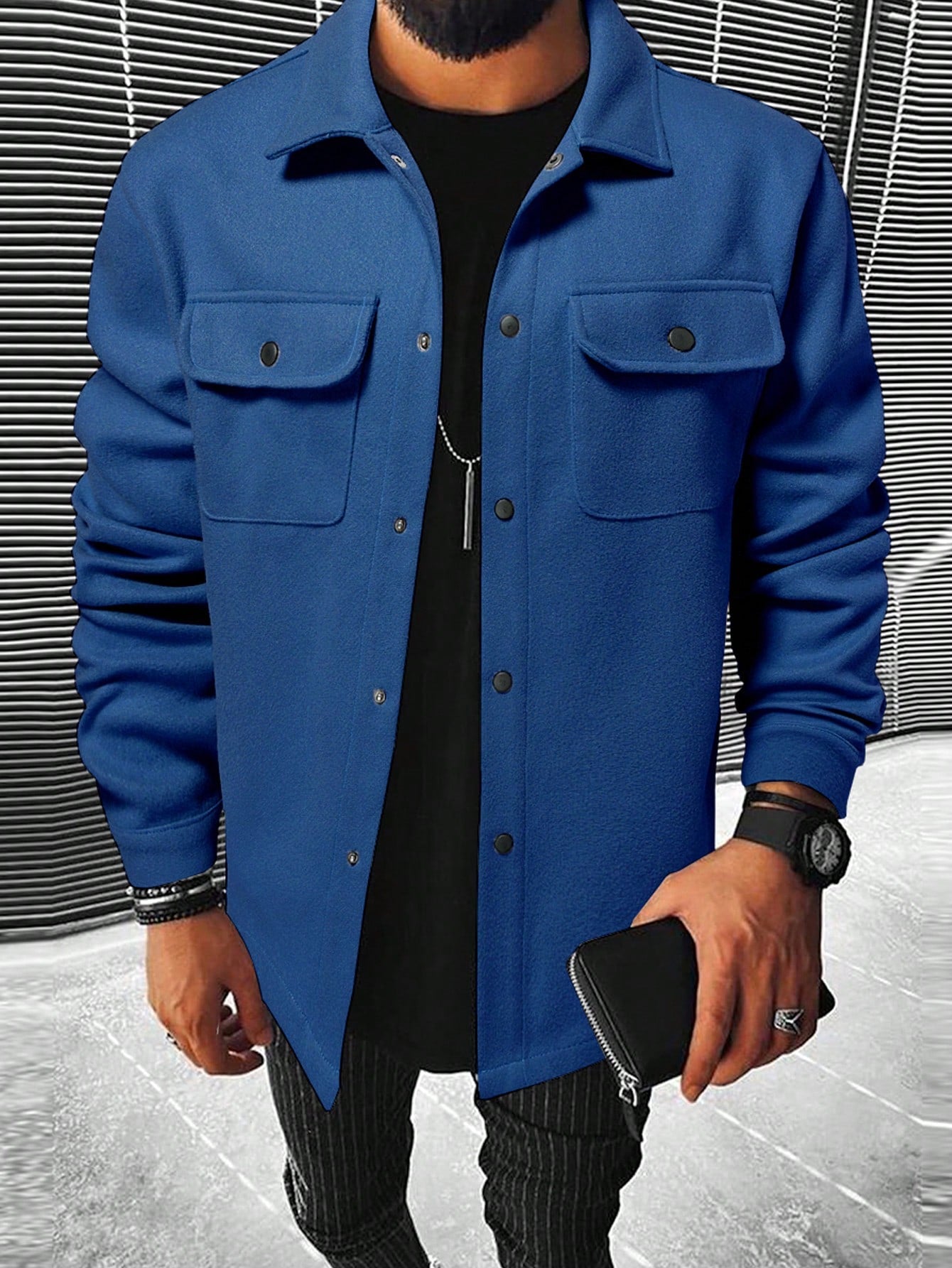 Men Button Front Flap Pocket Overcoat