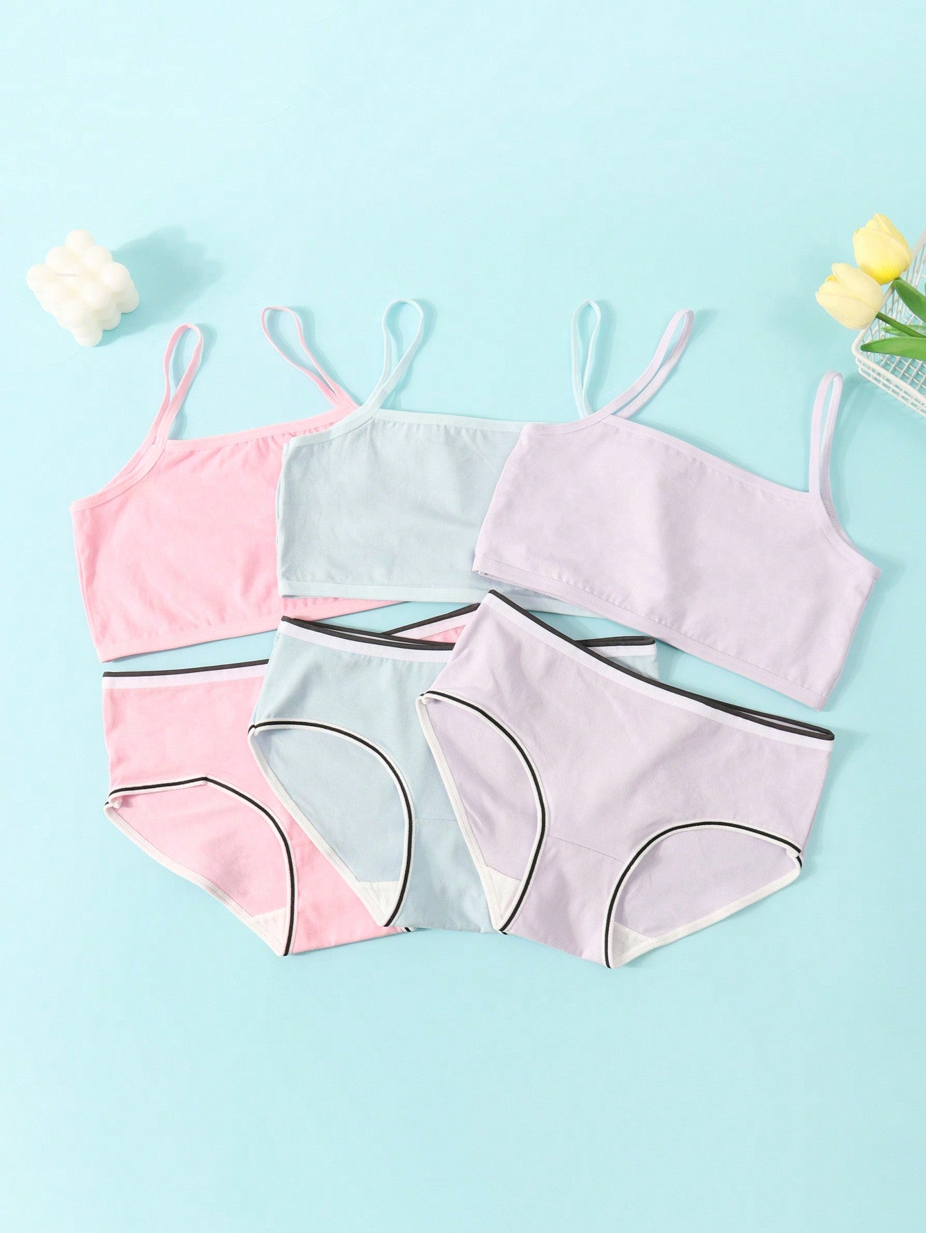 Tween Girl 3pcs Underwear Cami Top & 3pcs Contrast Binding Brief