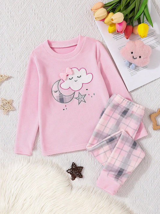 Young Girl Cute Rabbit Printed Thermal Fleece Snug Fit Pajamas Set