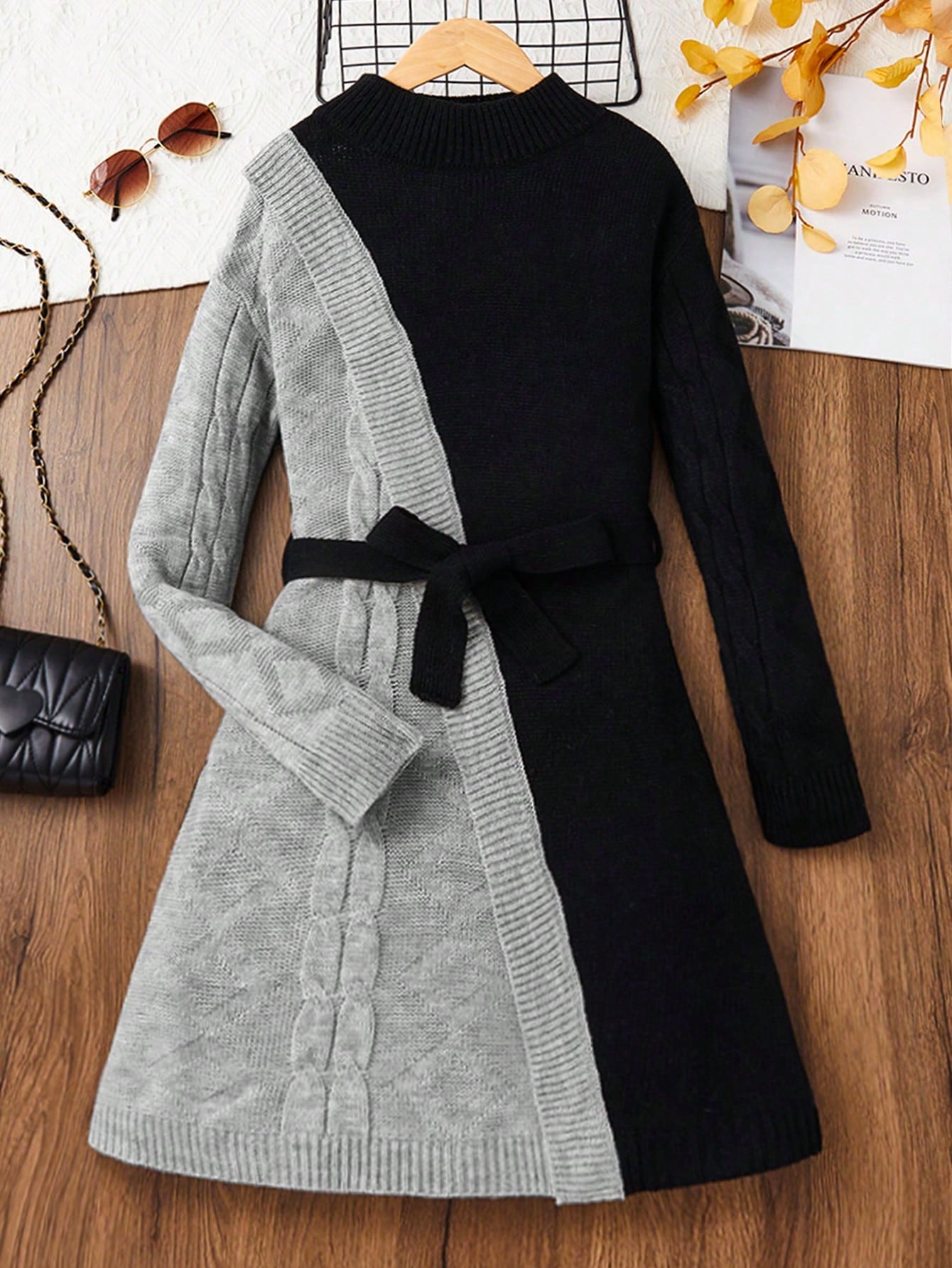 Tween Girls Elegant Loose Fit High Neck Pullover Contrasting Knit Sweater Dress With Long Sleeves