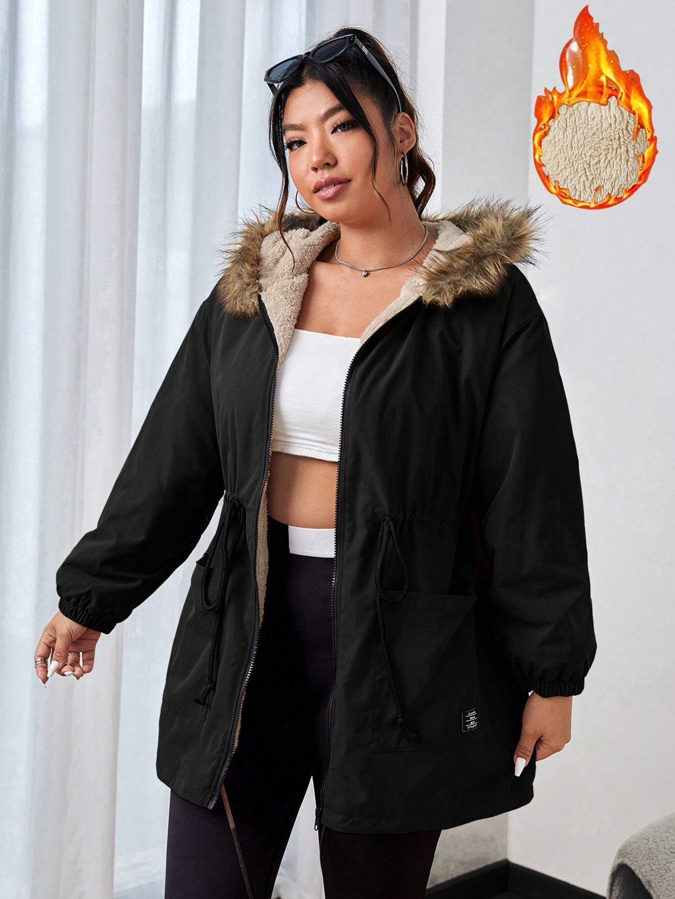 Plus Drawstring Waist Fuzzy Trim Hooded Parka Coat