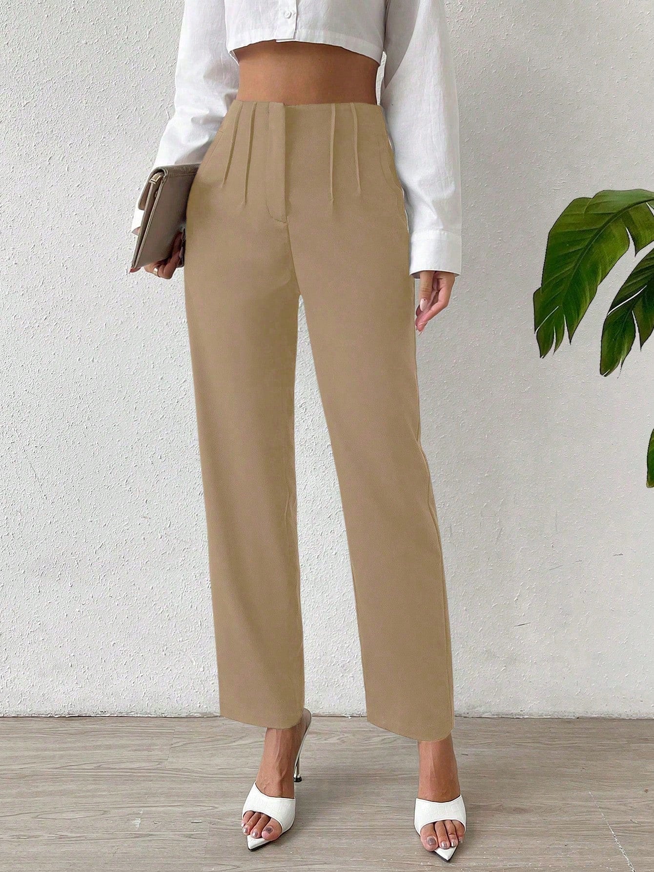 Solid Fold Pleated Straight Leg Pants