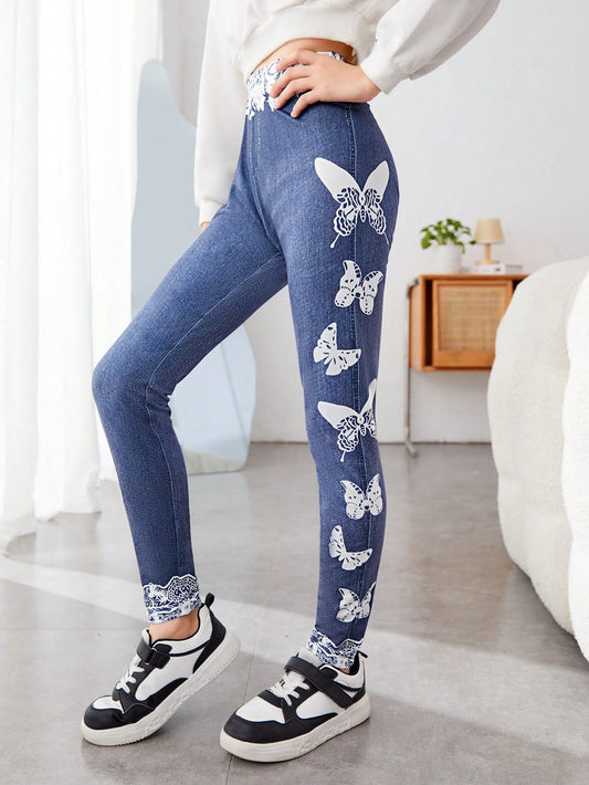 Tween Girl Knitted Leggings With Butterfly Pattern