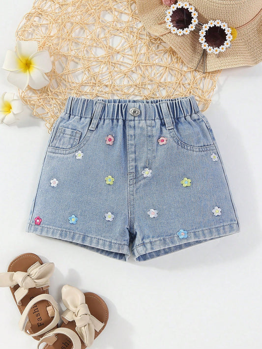 Young Girl Casual Cute Dopamine Colored Flower Embroidery Comfortable Light Blue Washed Denim Shorts