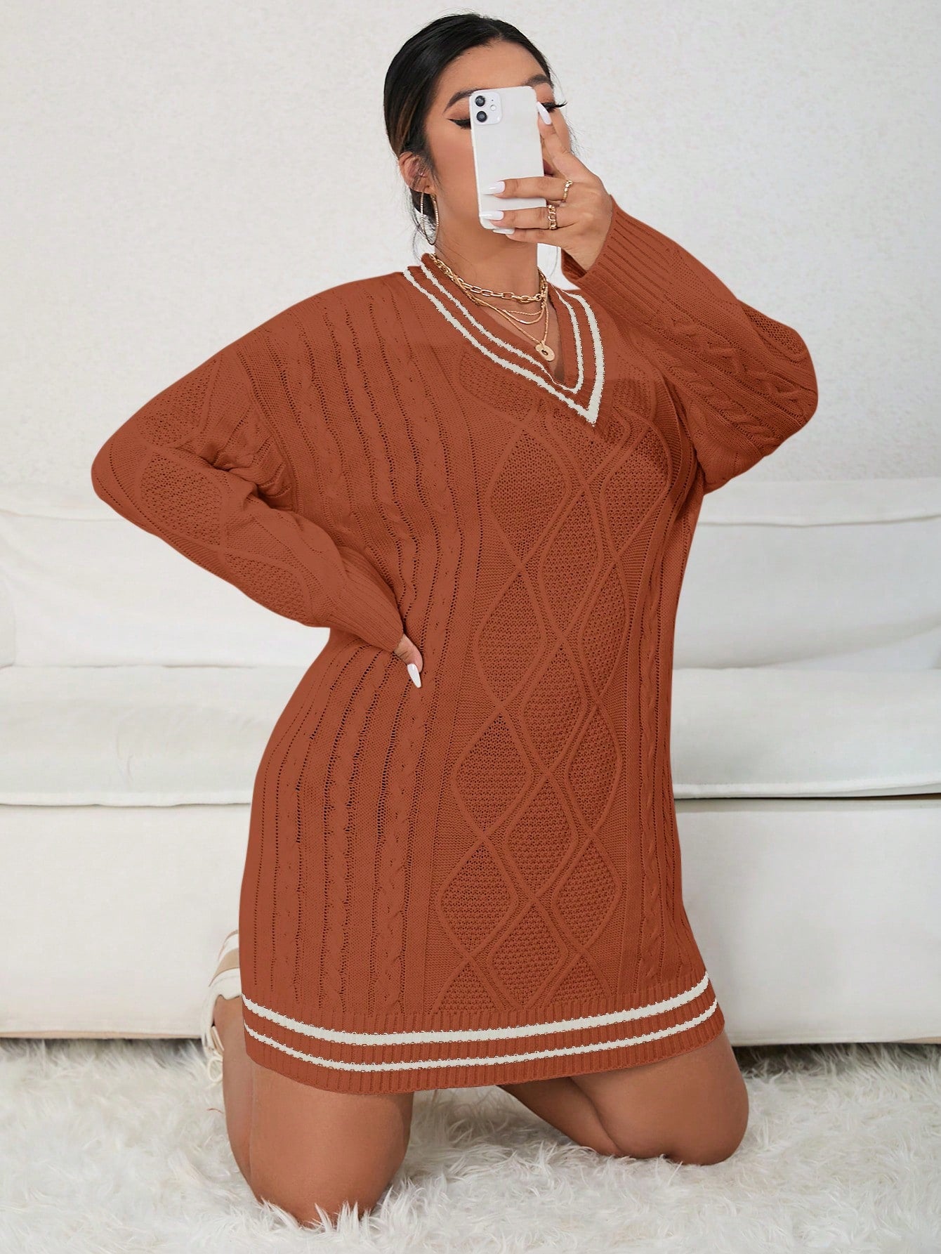 Plus Cable Knit Contrast Trim Drop Shoulder Sweater Dress