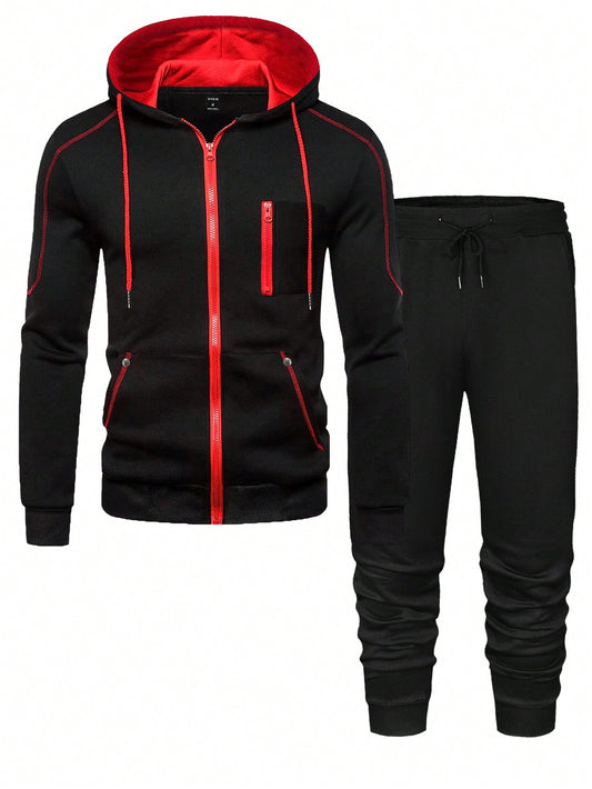 Men Contrast Piping Drawstring Hoodie & Sweatpants