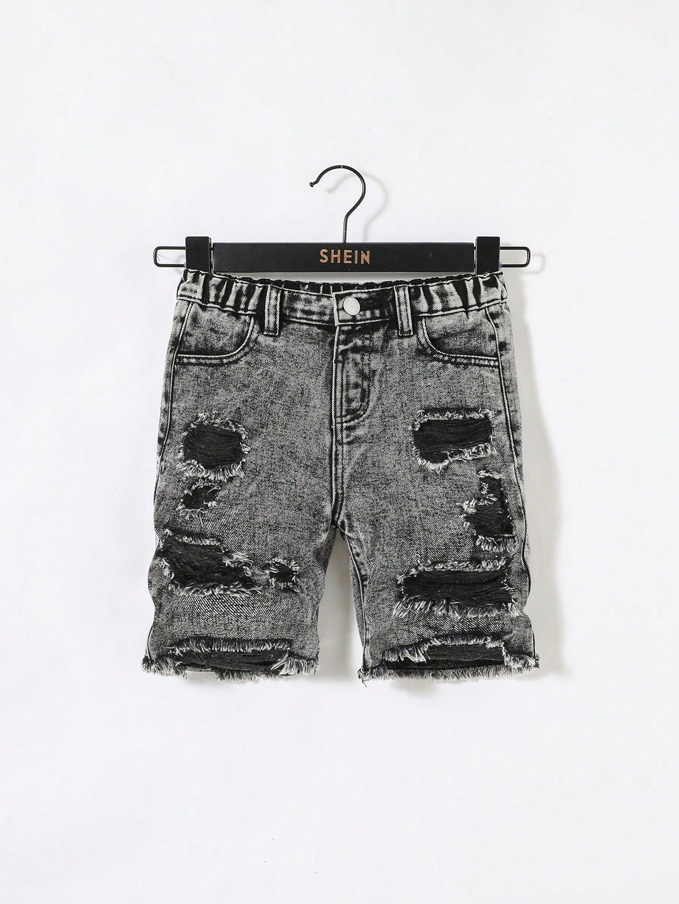 Young Boy Ripped Frayed Snow Washed Grey Denim Shorts,For Spring And Summer