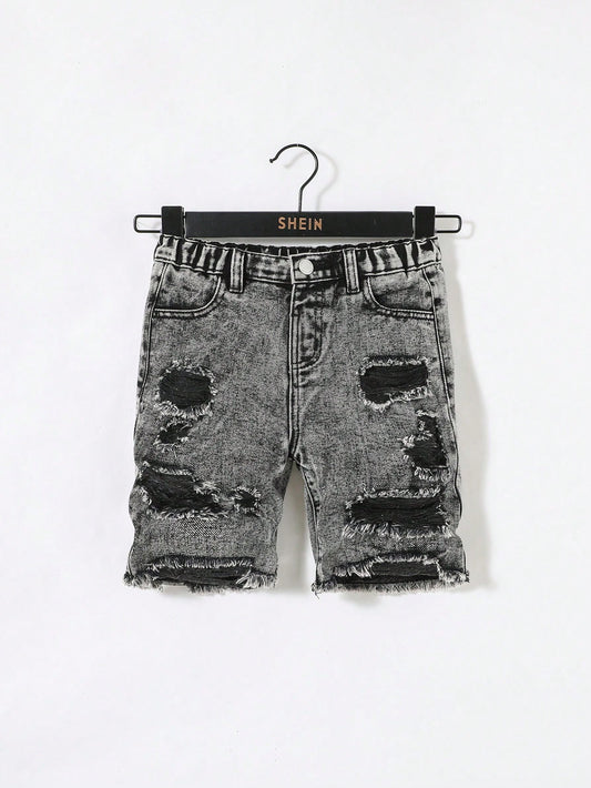 HEIN Young Boy Ripped Frayed Snow Washed Grey Denim Jeans Shorts,For Spring And Summer Young Boy Outfits