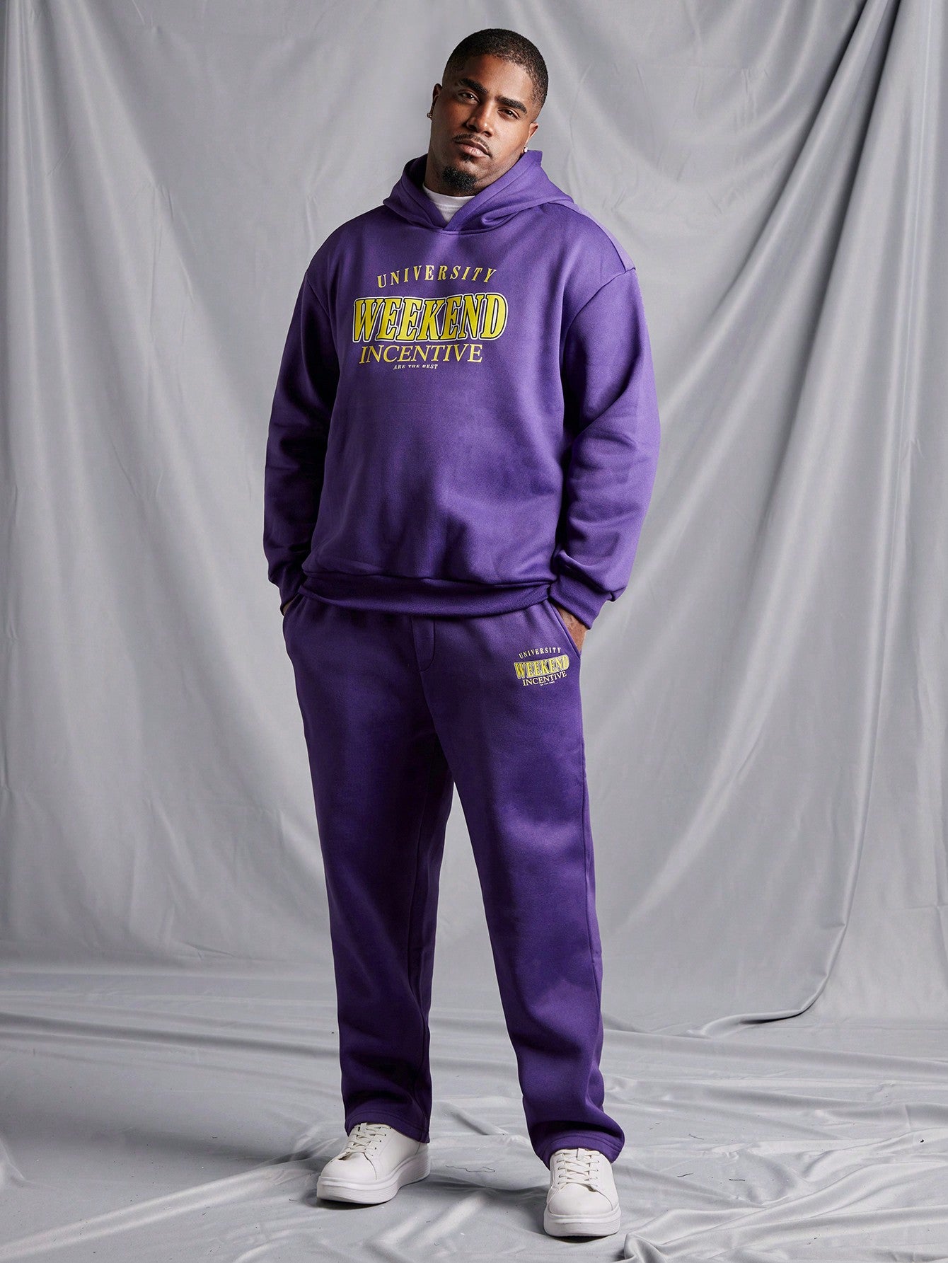 Men Plus Large Size Letter Pattern Hooded Sweatshirt And Sweatpants Two-Piece Set