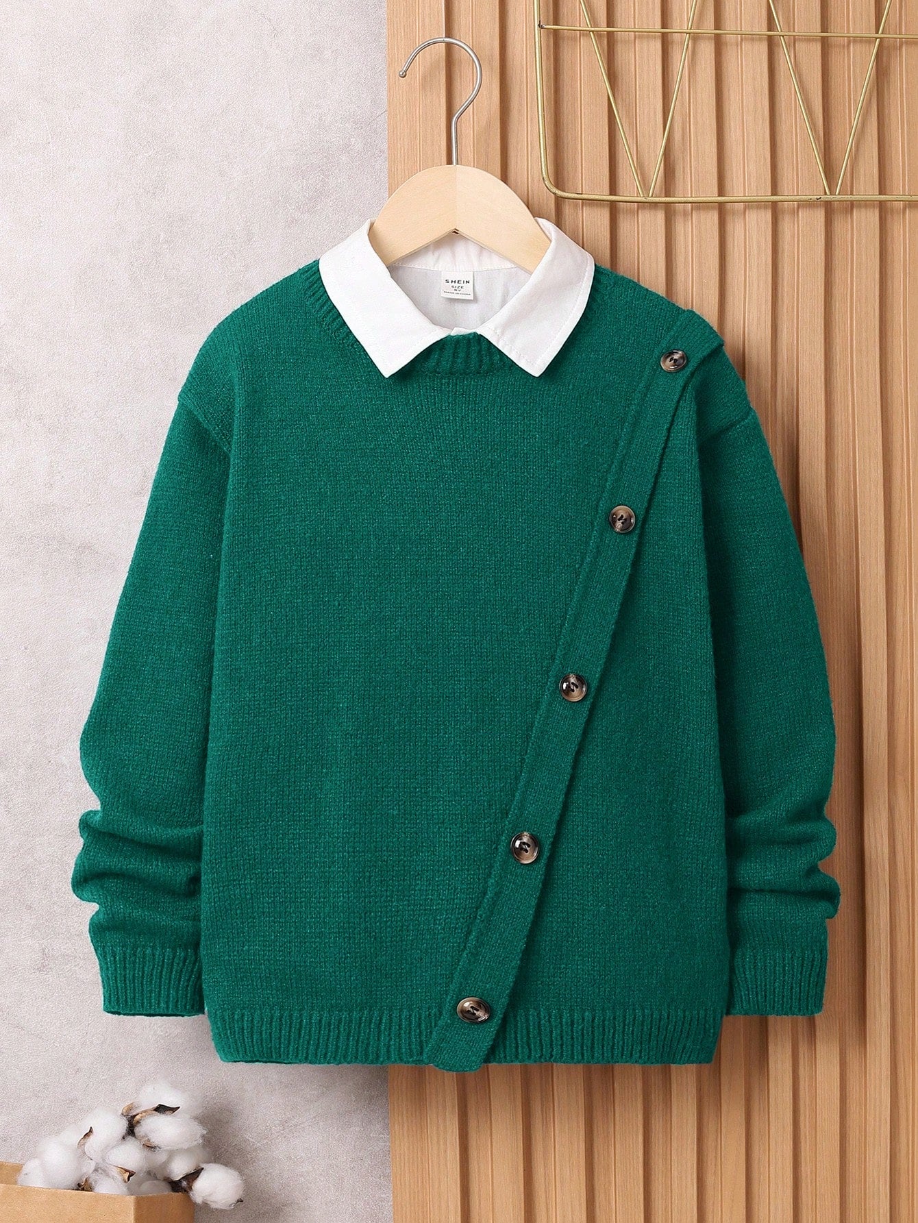 Tween Boy Loose Fit Academy Style Long Sleeve Round Neck Sweater With Diagonal Fake Placket