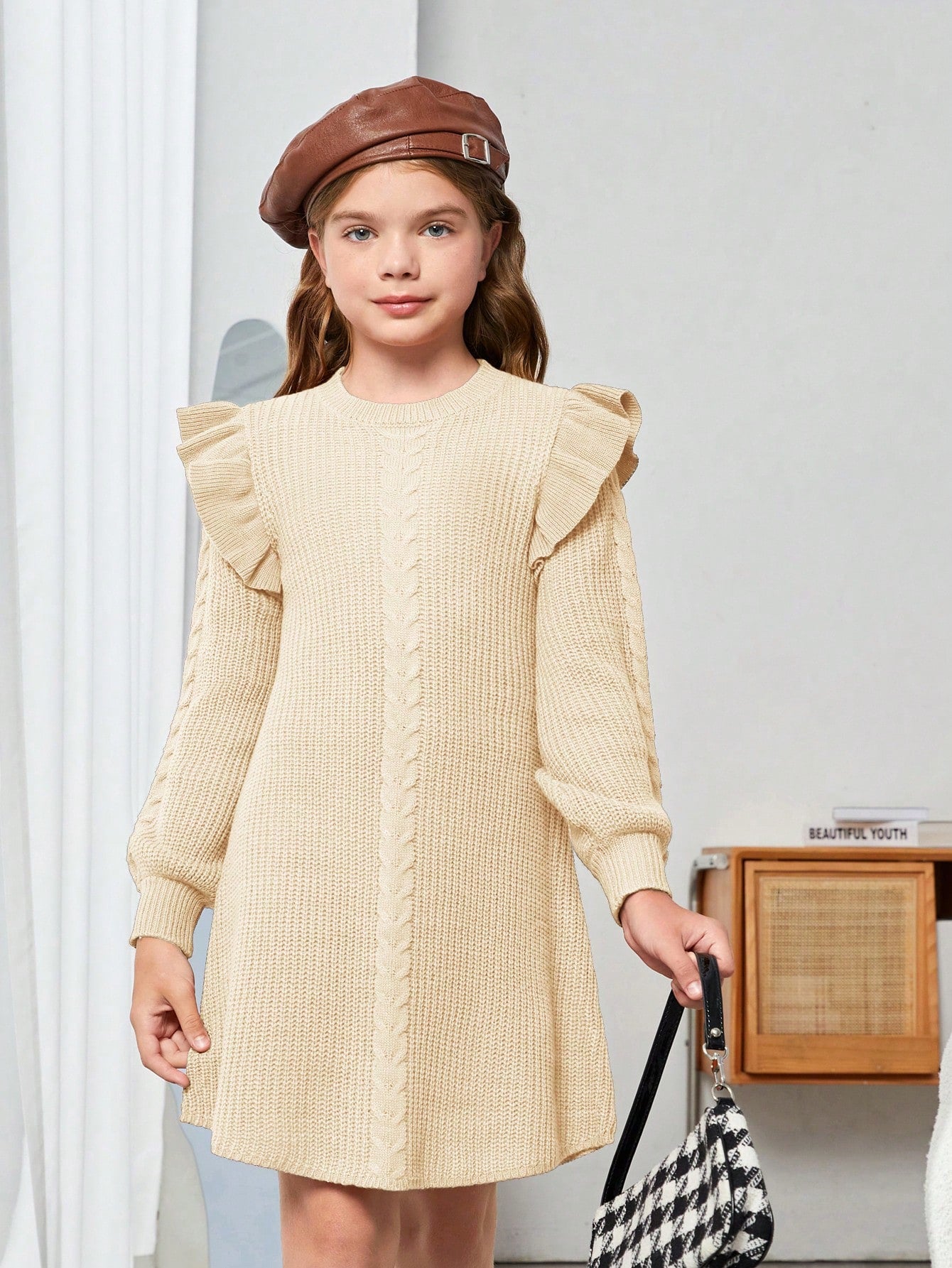 Tween Girl Loose Fit Sweater Dress With Flared Hem, Long Sleeve, Casual Style