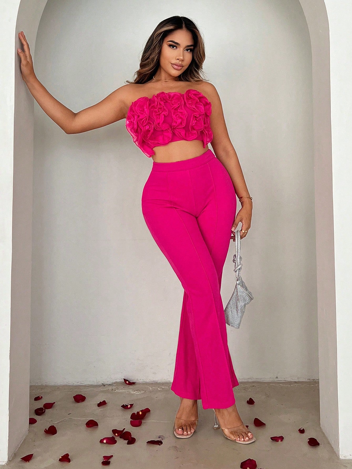 Women's Pleated Ruffle Bandeau Top With Tiered Hem And Flared Pants, Valentine's Day 2-Piece Outfit