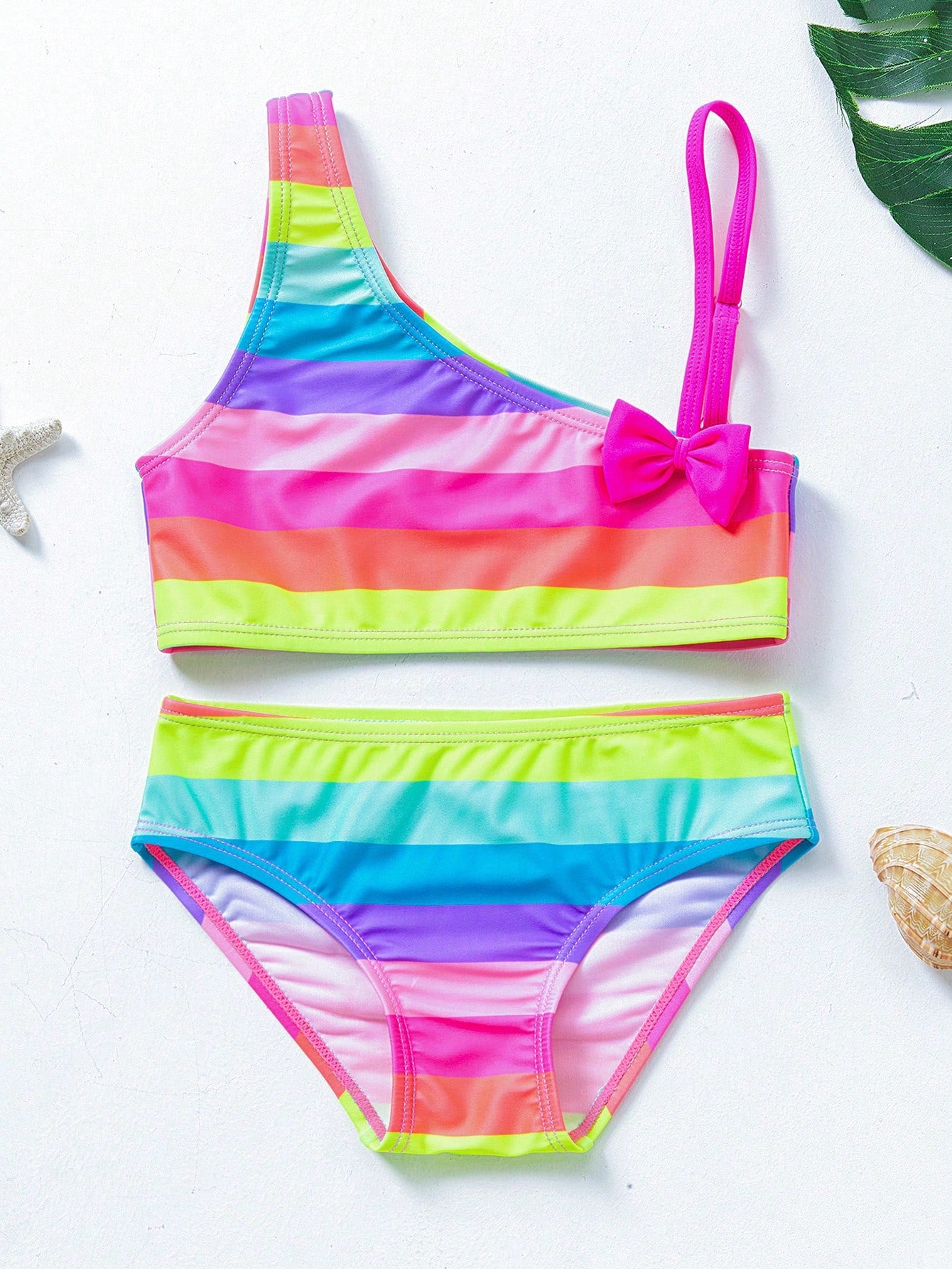 Young Girl Rainbow Striped Bow Front Bikini Set Summer Beach