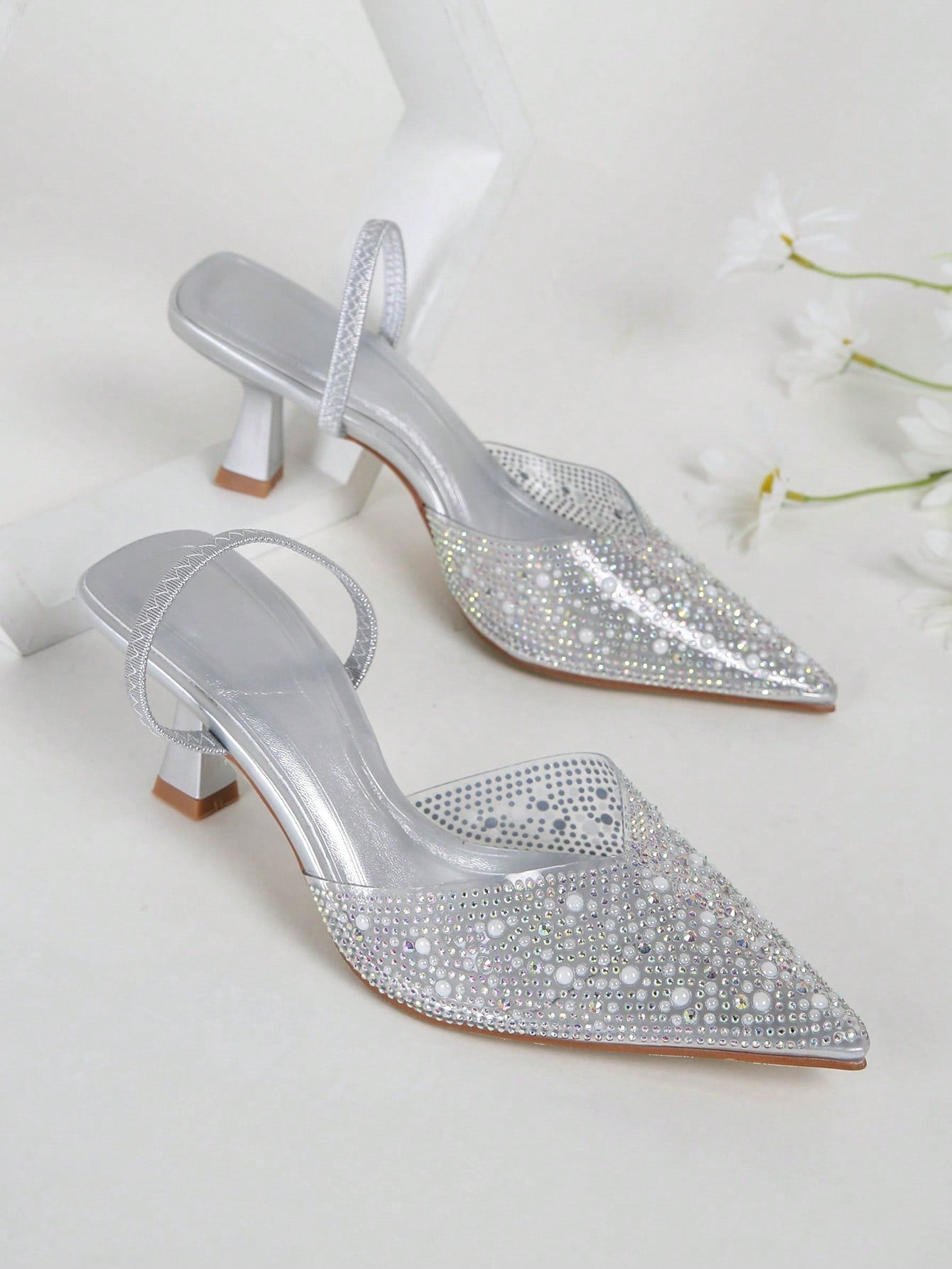 Charming Women's Fashion Silver Pointed Toe High Heels With PVC And Rhinestone Decoration, Open Back Party Stiletto Dress Shoes