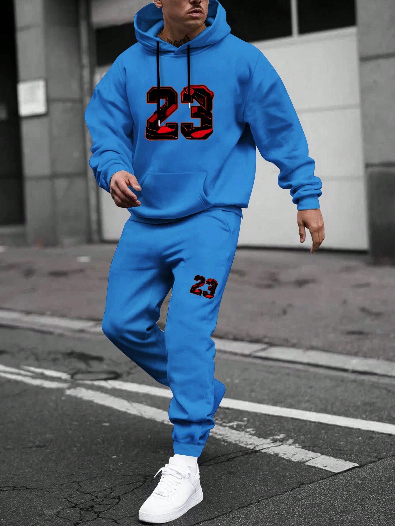 Men's Hooded Sweatshirt And Pants Set With Number Prints