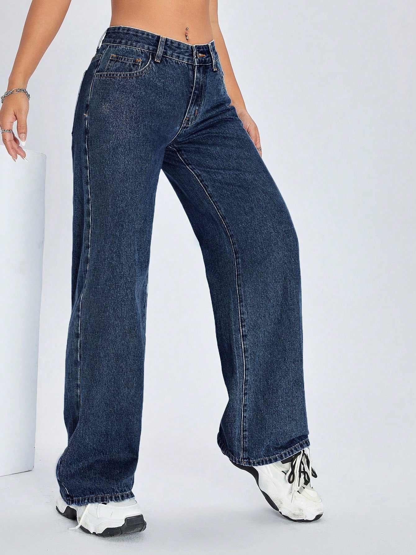 Women Casual Slant Pocket Everyday Wide Leg Jeans