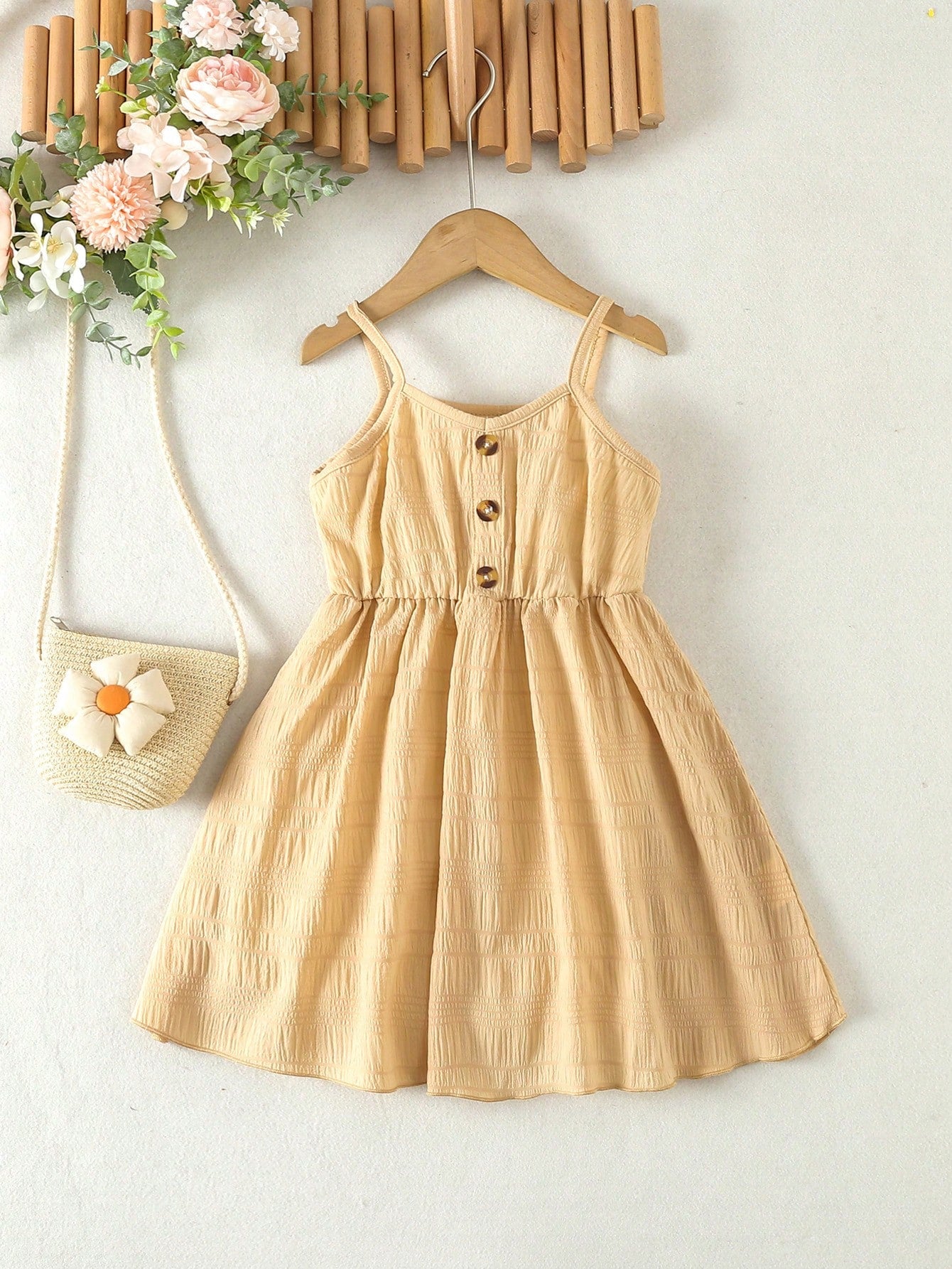 Young Girl Blue Spring Style V-neck Spaghetti Strap Dress With Rolled Edge And Gathered Waist, Summer