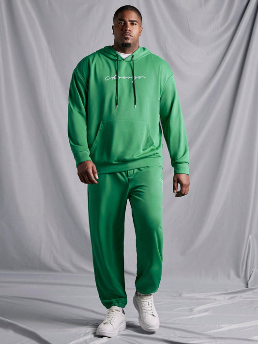 Men's Plus Size Letter Printed Hoodie And Pants Set With Drawstring