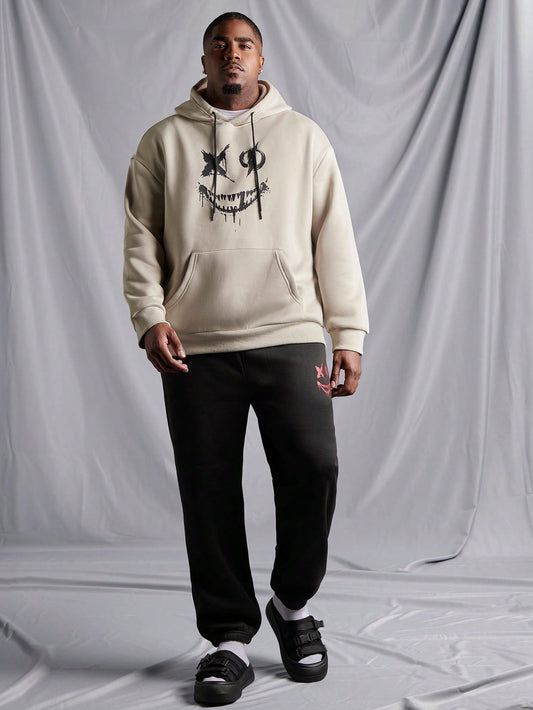 Men's Plus Size Hooded Sweatshirt And Pants Set With Printed Smiling Face, Hoodie And Jogger Tracksuit