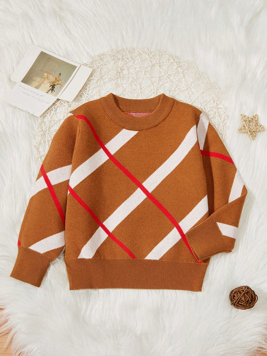 Boys' Colorblock Geometric Pattern Round Neck Sweater