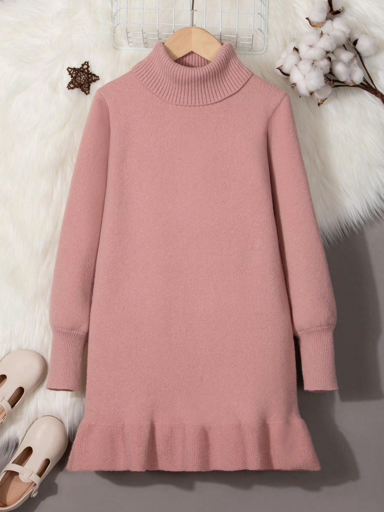 Girls' Solid Color High Neck Sweater Dress For Big Kids