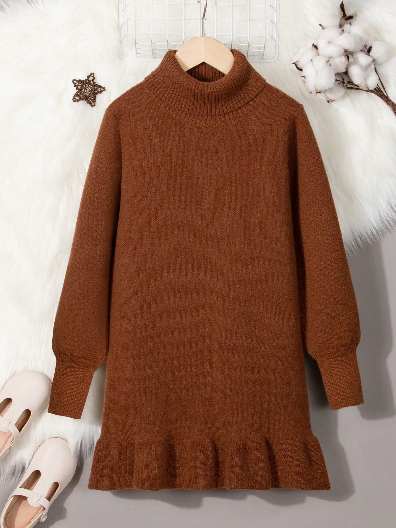 High Collar Girl's Ruffle Hem Sweater Dress