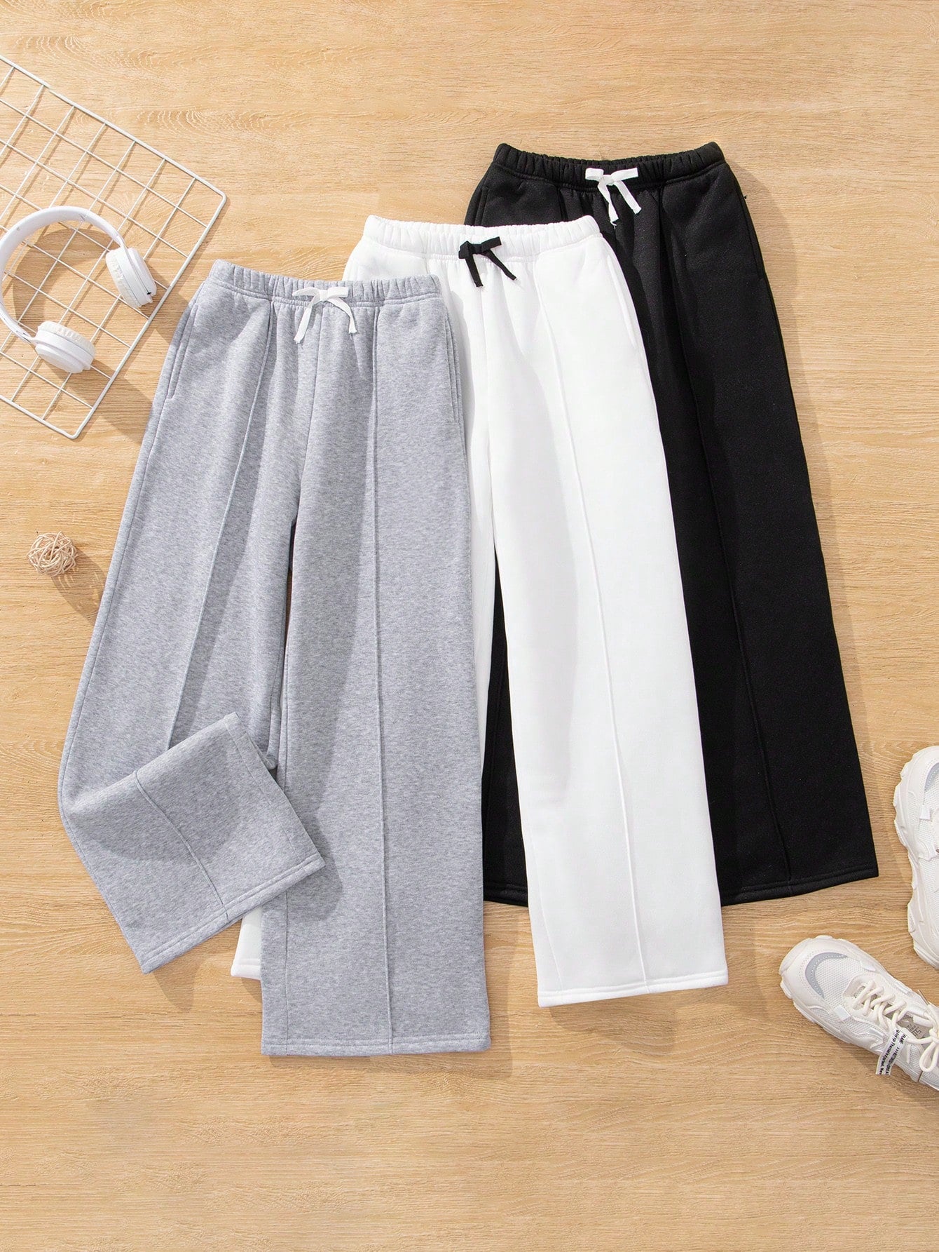 3pcs/Set Tween Girls' Street Style Knit Solid Color Straight Wide Leg Sweatpants