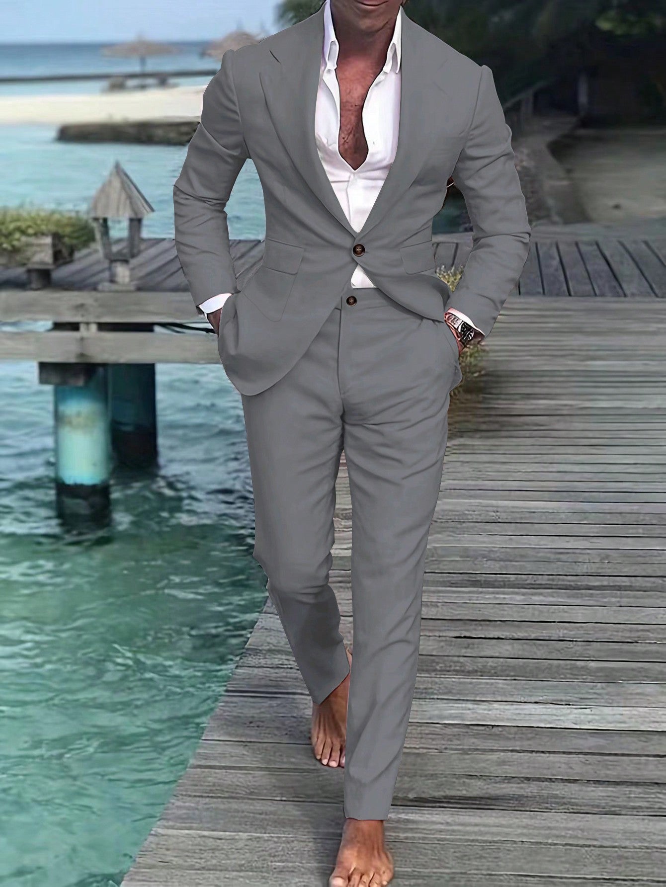 Men 1pc Solid Lapel Neck Button Front Blazer & 1pc Suit Pants