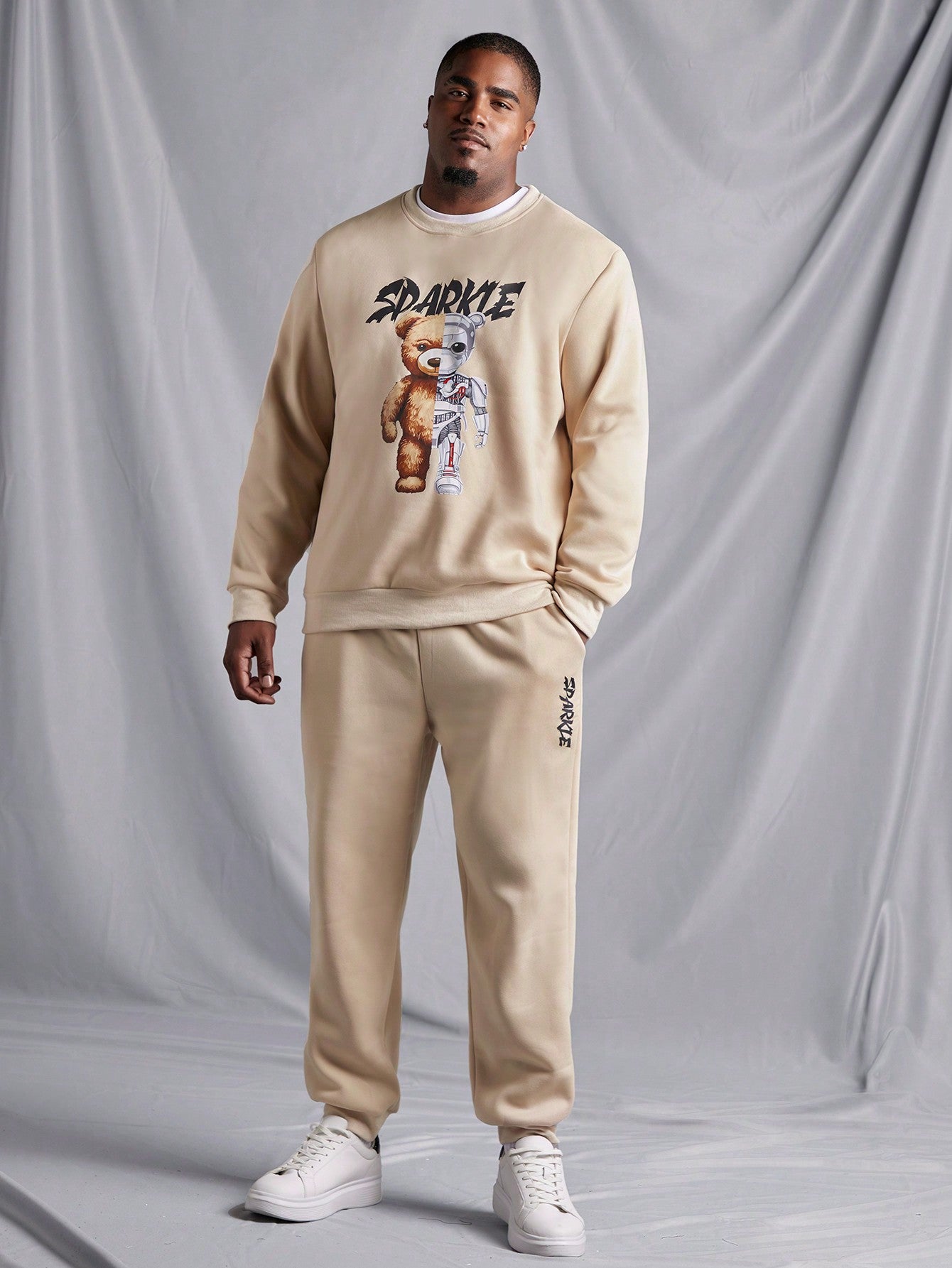 Men's Plus Size Bear & Letter Print Hoodie And Sweatpants Set