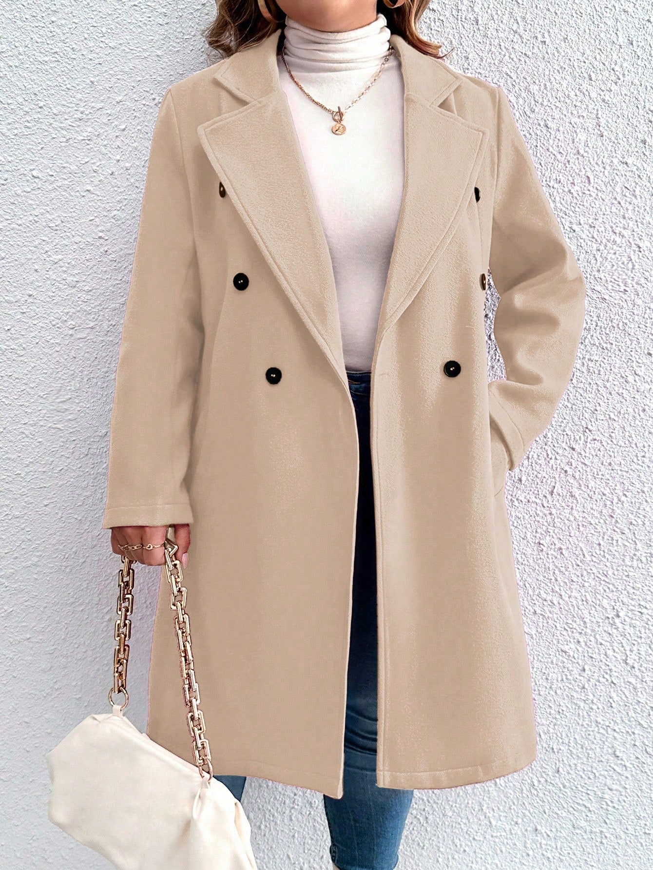 Plus Size Solid Color Woolen Coat, Knee Length