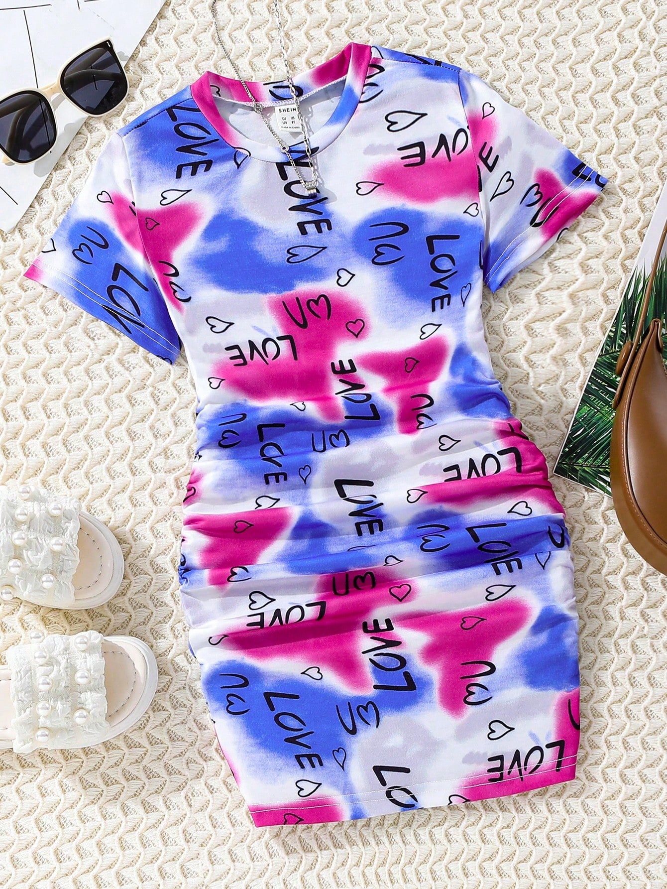 Tween Girl Tie Dye Letter Graphic Ruched Side Dress