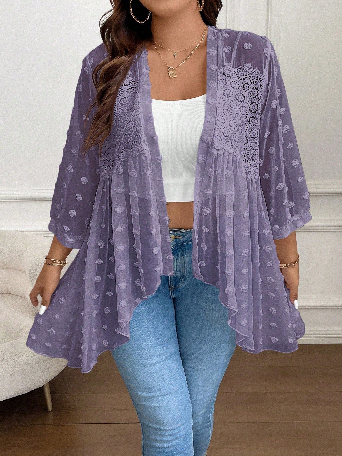 Plus Size Women's Fashionable Summer 3d Polka Dot Irregular Hem Jacket