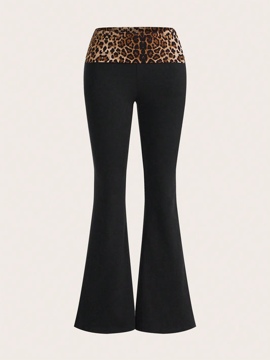 Y2k Pink Leopard Print Spliced Fold-Over Waist Flare Pants With Super Low Rise