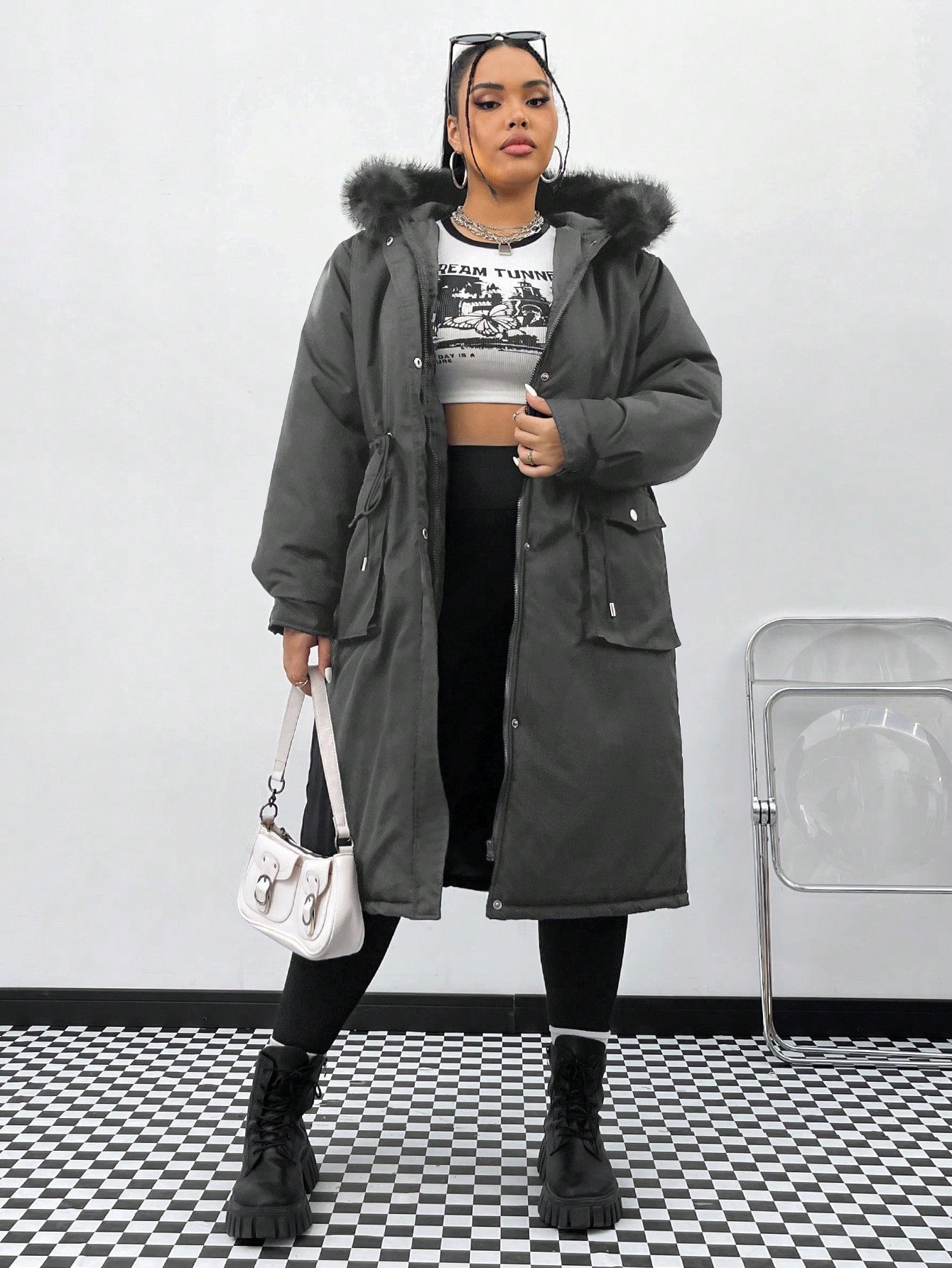 Plus Drawstring Waist Fuzzy Trim Hooded Parka Coat